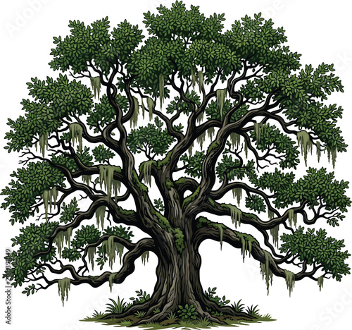 Large old spreading oak tree vector illustration with hanging moss