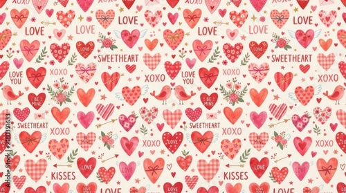 Romantic Valentine Day Seamless Pattern with Colorful Hearts Flowers Love Symbols and Cute Decorative Elements