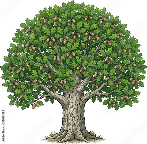 Detailed oak tree illustration with green leaves and acorns on white background