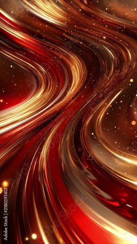 Abstract gold and red wavy lines creating dynamic motion with sparkling glitter particles, vertical
