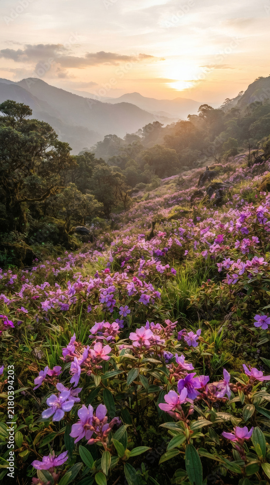 Obraz premium Purple Wildflowers Blooming on Misty Mountain Slope at Golden Hour Sunrise