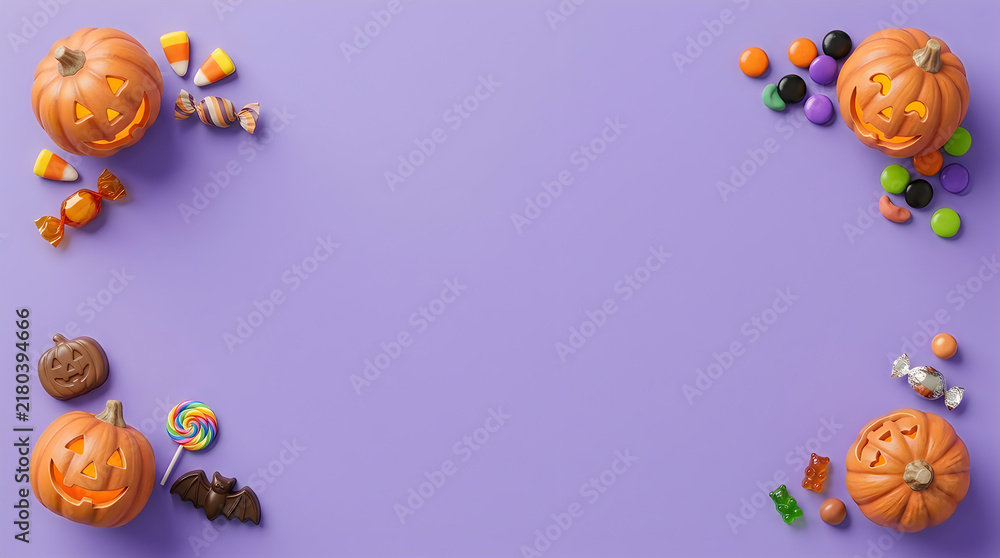 Fototapeta premium Halloween Four Corners Frame Layout with Carved Jack O Lantern Pumpkins and Assorted Trick or Treat Candies over Purple Surface