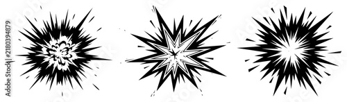 Explosion blast and bang flash set, comic style boom symbols in woodcut engraving style vector illustration