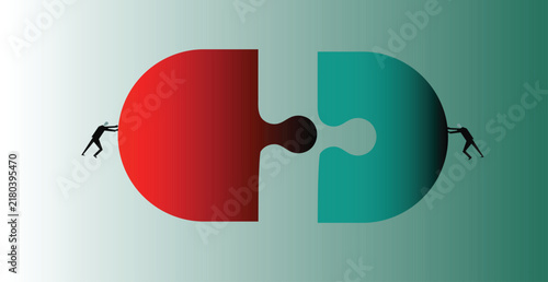 Businessmen connecting capsule puzzle pieces EPS with red and teal halves, strategic cooperation graphic for partnership merger concept