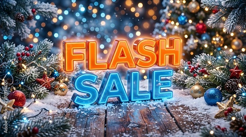 Flash sale glowing neon text on wooden surface surrounded by snowy christmas decorations