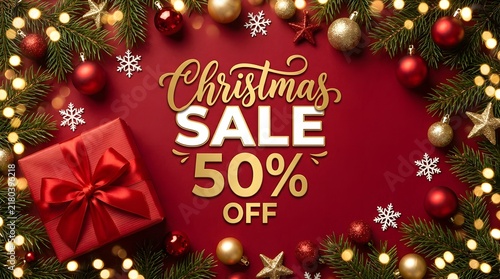 Christmas sale 50 percent off promotional banner with red gift box and festive pine branches