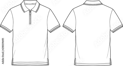 Technical flat sketch of short sleeve polo shirt with zipper placket front and back views for apparel design