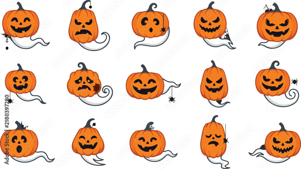 Fototapeta premium Halloween Pumpkin Character Set 15 Different Happy Scary Surprised Expressions Orange Jack O Lantern Vector Icons For Party And Print isolated on White Background Halloween,Editable Eps