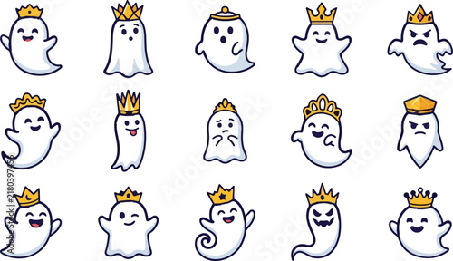 Принти на полотні Cute Ghost Characters With Crowns Vector Collection