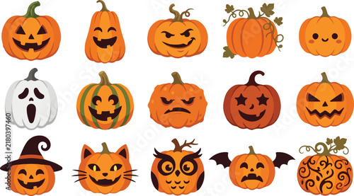Obraz na płótnie Cute Halloween pumpkin set, vector characters with carved faces and animal featu