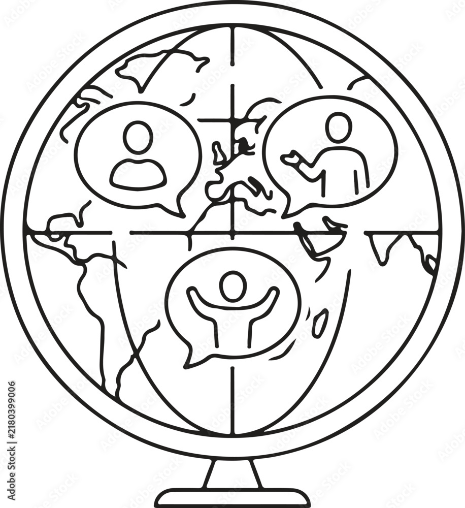 Obraz premium Global communication concept line vector icon illustrating globe with people icons in speech bubbles on transparent background.