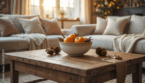 Cozy festive scene with wooden coffee table and oranges in a rustic living room
