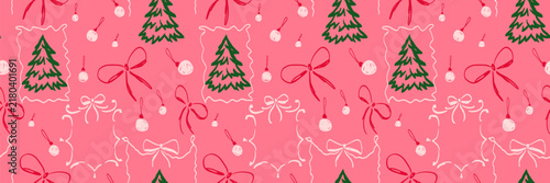 Seamless Christmas vector pattern featuring green pine trees, red bows, and ornaments on a pink background. Ideal for holiday wrapping paper, textiles, and decor
