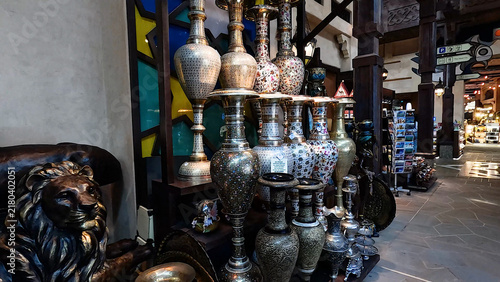 Photography Ornate Traditional Decorative Vases and Lion Statue in Dubai Market