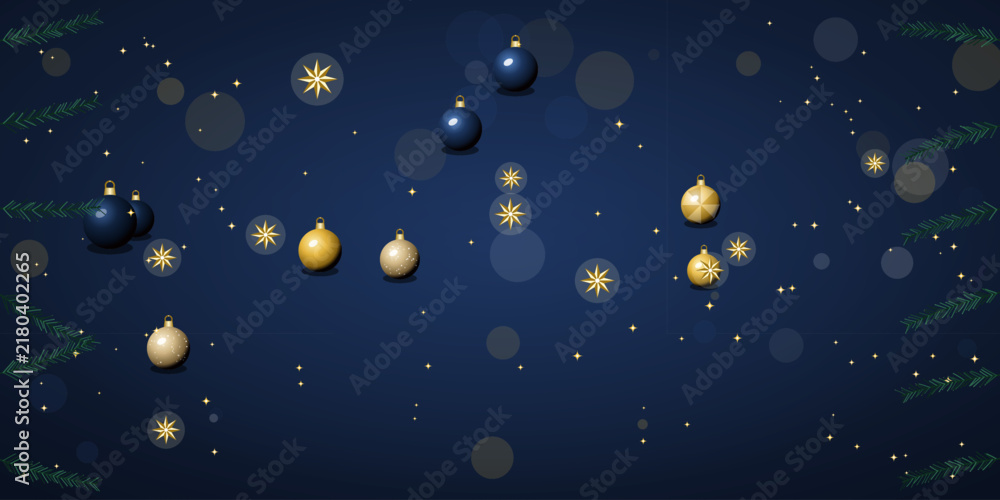 Fototapeta premium Christmas background with blue and gold ornaments and pine branches christmas background