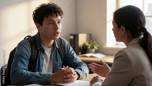 A young college student speaks with a female academic advisor at a desk. A professional school counselor offers career guidance and support