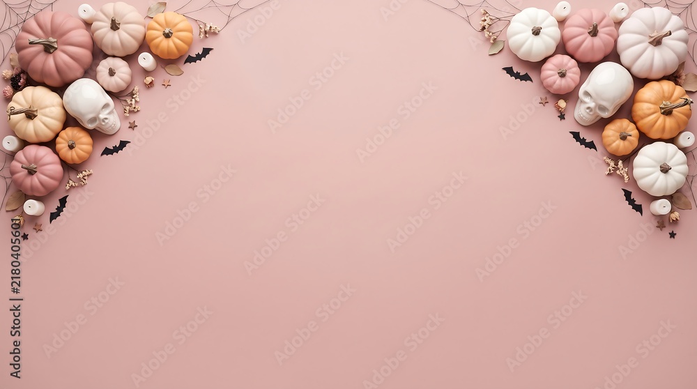 Obraz premium Pink halloween background with pumpkins and skulls