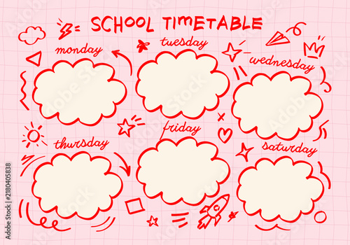hand drawn school timetable  doodles red strokes, template blank, schedule, reminder, weekly planner, vector