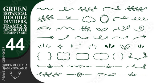Green botanical doodle dividers frames and decorative elements set offering organic floral motifs for elegant scrapbooking invitations or wedding stationery.