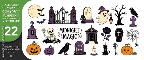 Halloween graveyard ghost pumpkin and spooky elements set featuring haunting creatures and holiday symbols for festive party decor invitation or web design.