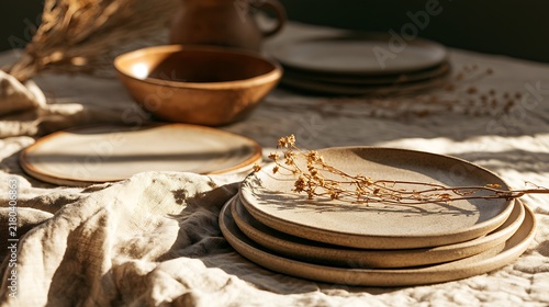 Rustic Ceramic Plates and Bowl on Textured Tablecloth.
