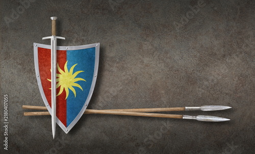 Canvastavla sword color shield and two spears on grunge background