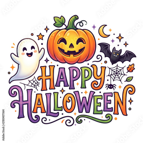 Colorful Happy Halloween lettering with cute pumpkin, ghost, bat, and spider illustrations