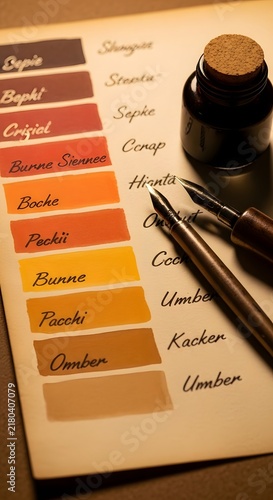Vintage dip pen and ink bottle resting on a parchment sheet with handwritten color swatches