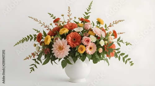 A vibrant flower arrangement with delicate green foliage and slender natural stems, placed in a clean white background. Suitable for home décor, weddings, events, and floral styling.