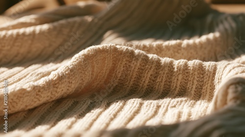 Close up view of soft beige knitted fabric texture.