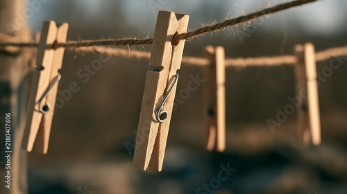 Wooden Clothespins Hanging on a Clothesline String.