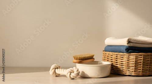 Simple Laundry Setup: A neatly folded stack of clothes rests in a woven basket beside a small bowl and a brush, with a rope toy in the foreground.