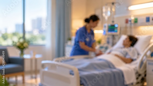 Nurse attending to a patient in a hospital room with medical equipment. The scene features a soft focus background with a blurred clinical environment and natural light from a large window.