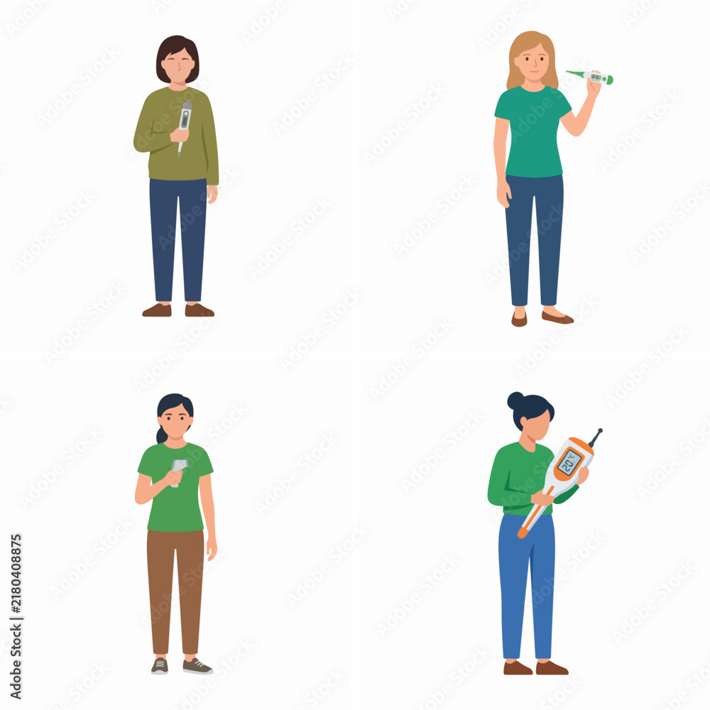 Fototapeta premium Vector set of women holding thermometers for fever and health screening.