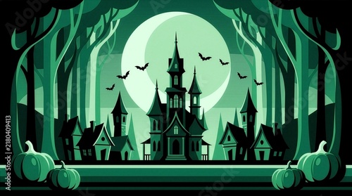 Spooky Halloween Night Scene Background With Haunted Houses. Gothic Castle Silhouette In Ghostly Forest. Moonlight And Pumpkins. Creepy Atmosphere For October Celebrations