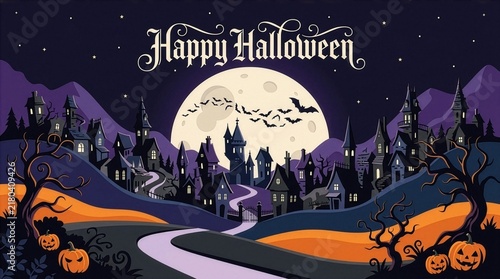 Gothic castle illustration, spooky halloween town with orange pumpkins, bats and full moon over bridge, purple vintage style vector art