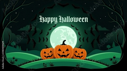 Happy Halloween text greeting card with jack-o-lanterns, full moon, bats, spooky forest and night sky in fantasy style