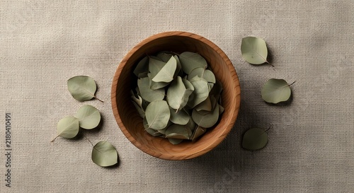 Small wooden bowl filled with dried eucalyptus leaves on a textured beige linen background