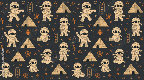 Seamless Halloween pattern with Cute Mummies, Pyramids, Eye of Horus, and Ancient Hieroglyphics on Dark Background
