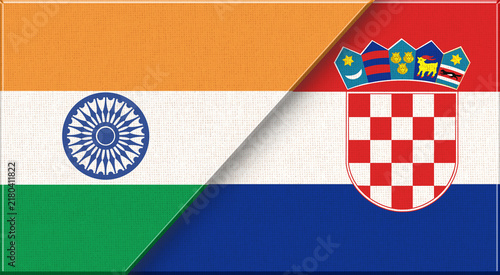 Double flag of India and Croatia on fabric texture - 3D illustration. Two Flags