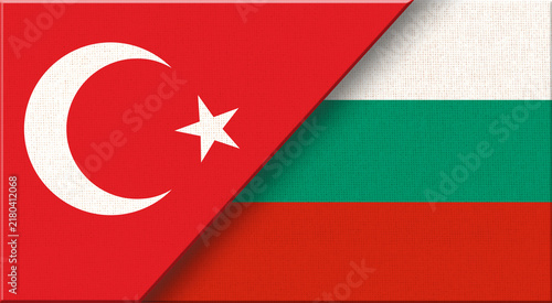 Double flag of Turkey and Bulgaria on fabric texture - 3D illustration.