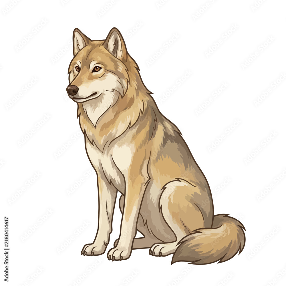 Fototapeta premium Detailed illustration of a majestic gray wolf sitting calmly, looking to the left with a watchful gaze.