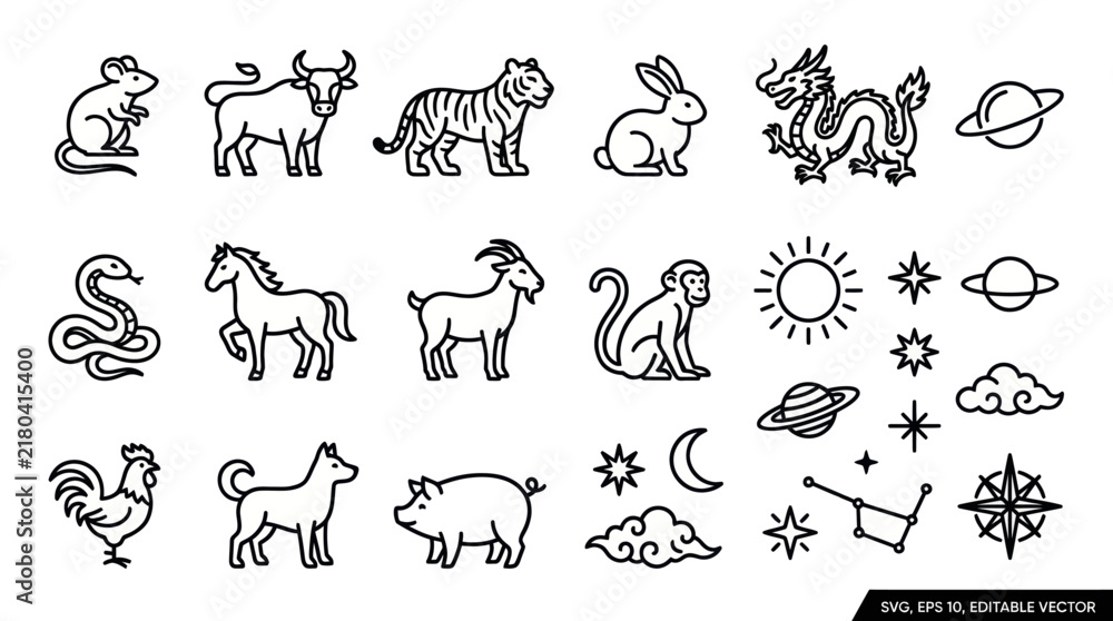 Obraz premium Chinese zodiac animals and celestial symbols.