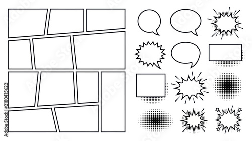 Comic book panels and speech bubble action elements.