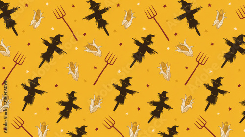 Seamless Halloween Pattern with Scarecrows, Corn Cobs, Pitchforks, and Stars on Warm Yellow Background
