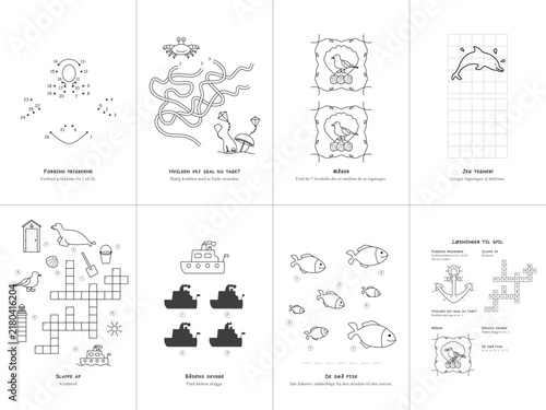 Set of 7 sea theme games. Danish language. Vector illustration. Set No. 1.