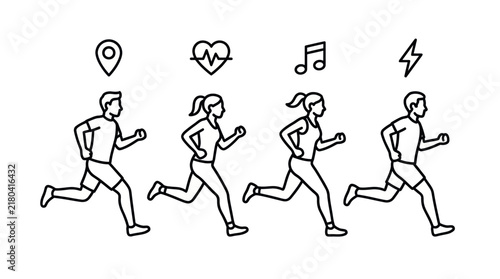 Fitness runners and healthy lifestyle activity line icons.