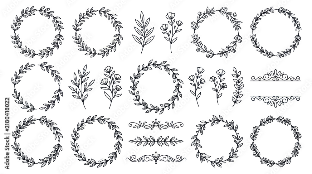 Fototapeta premium Hand drawn floral wreaths and botanical dividers set.