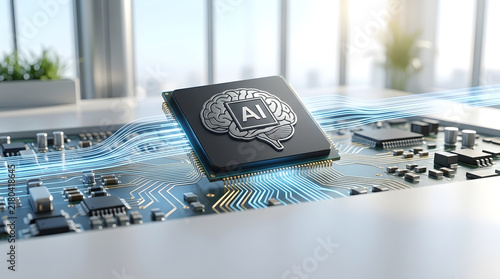 A futuristic processor chip with an AI brain emblem, set on a circuit board with glowing blue lines, representing artificial intelligence