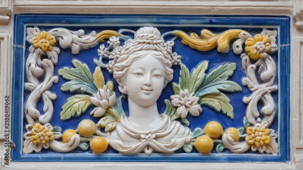 Fototapeta premium Elaborate Ceramic Bust of Woman Surrounded by Lush Foliage and Citrus Fruits, Decorative Architectural Detail.